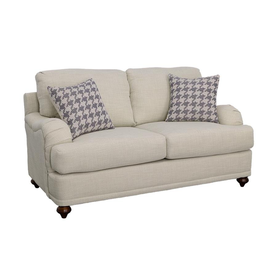 GLENN UPHOLSTERED ENGLISH ARM LOVESEAT LIGHT GREY AND BLUE