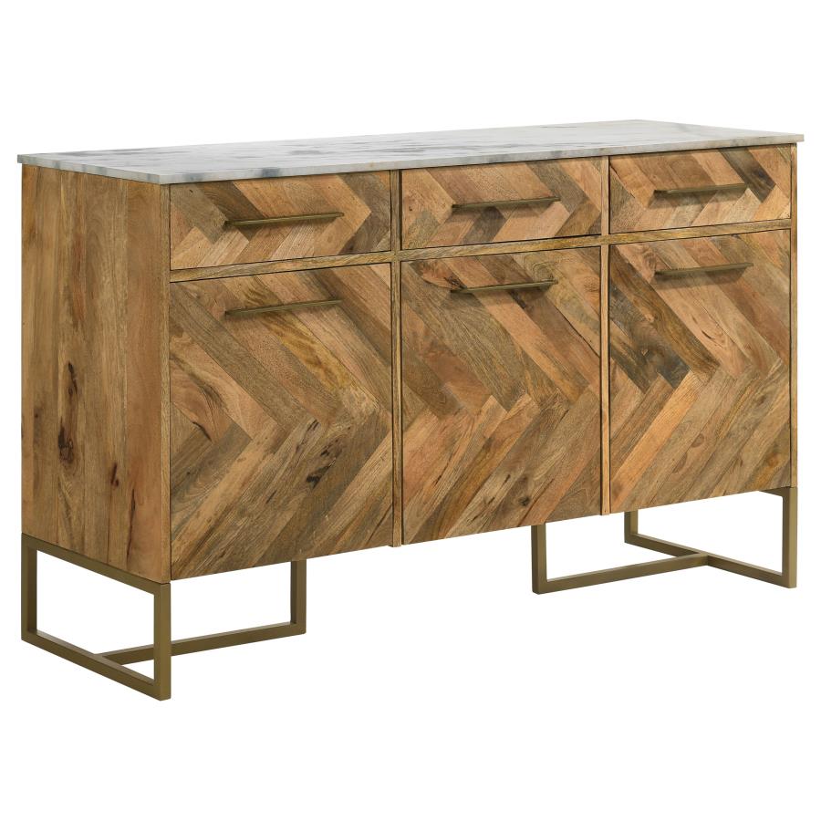 KEATON 3-DOOR MARBLE TOP HERRINGBONE ACCENT CABINET NATURAL