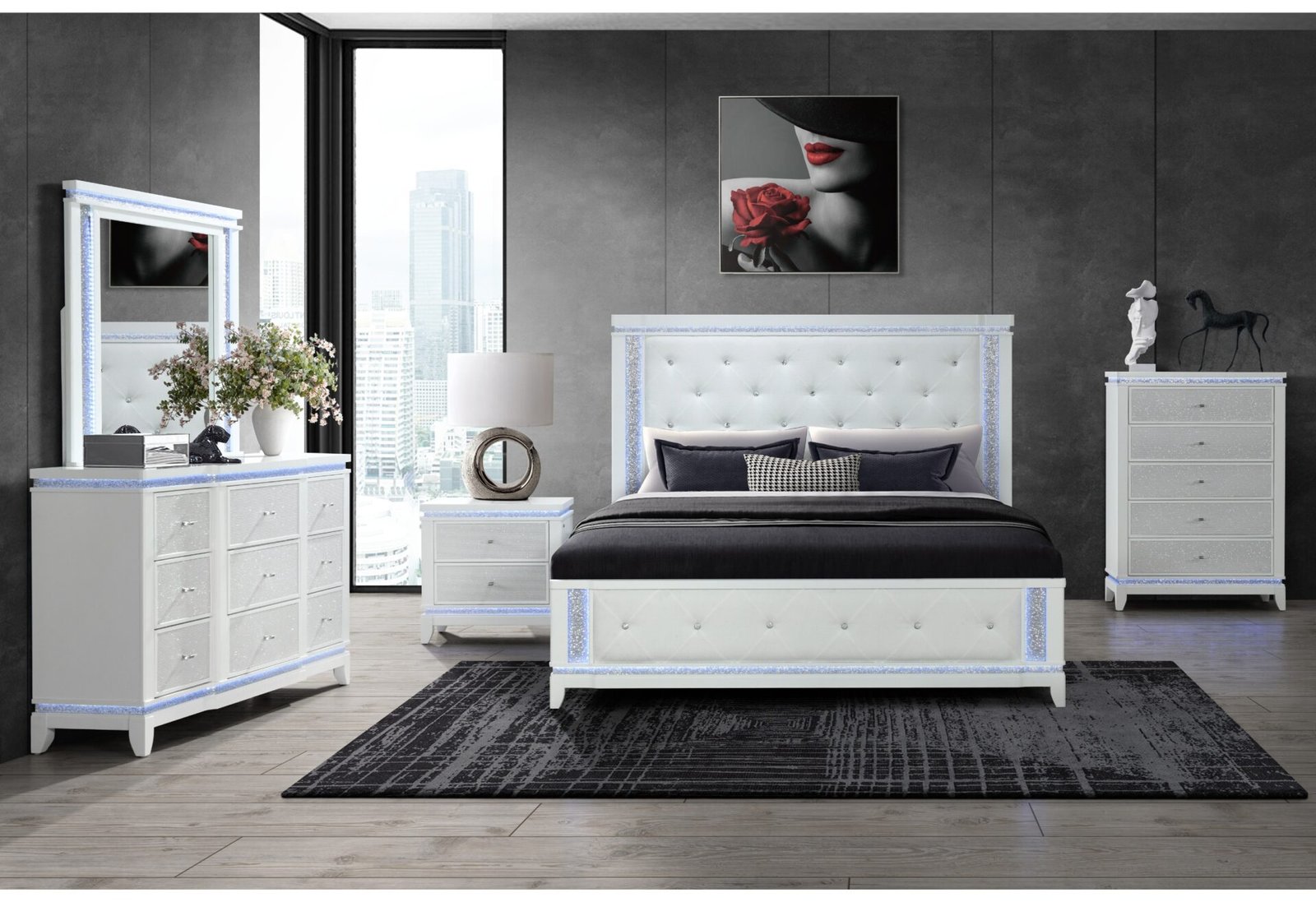ALINA WHITE QUEEN BED GROUP WITH LED, COOLER, SPEAKER AND USB