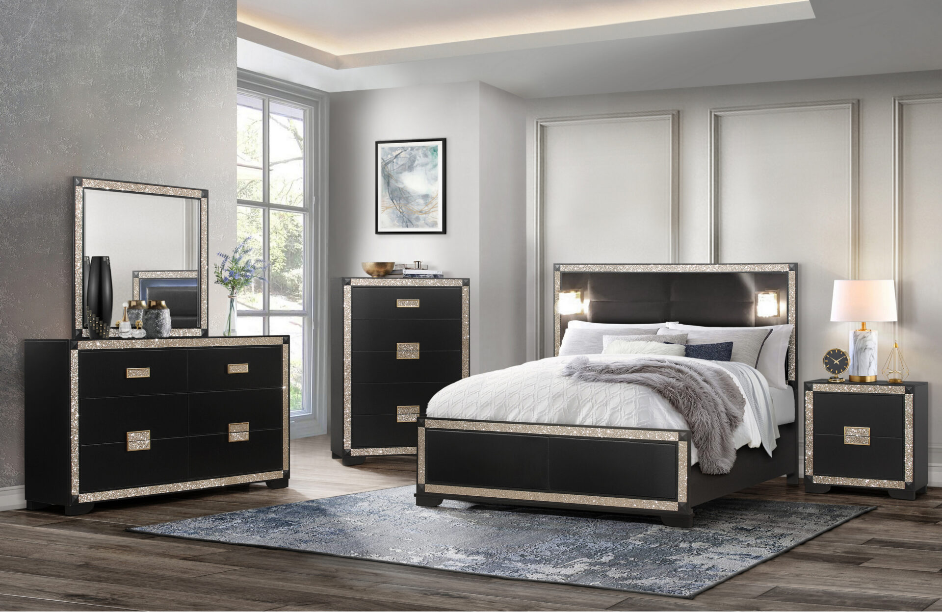 BLAKE BLACK/GOLD QUEEN BED GROUP WITH LAMPS