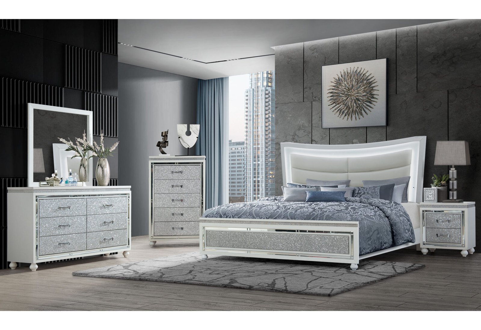 COLLETE WHITE QUEEN BED, DRESSER AND NIGHTSTAND