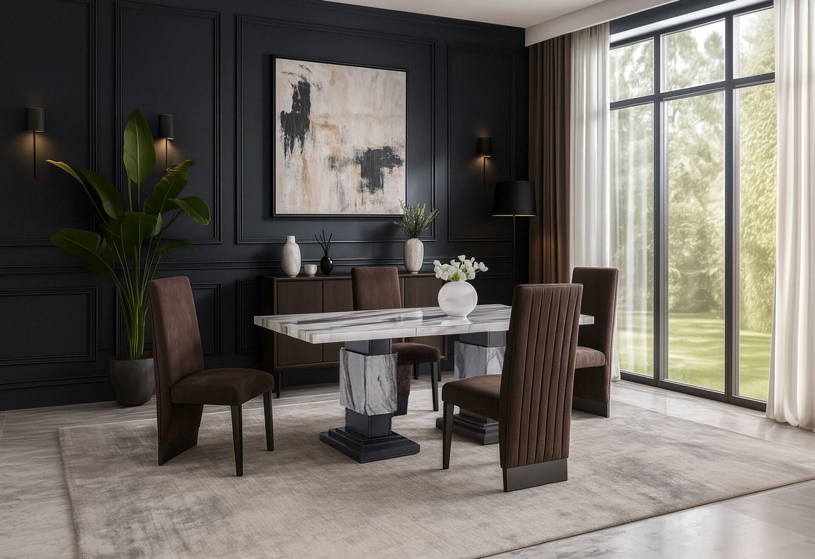 D12 DINING TABLE AND 6 D12 BROWN DINING CHAIRS