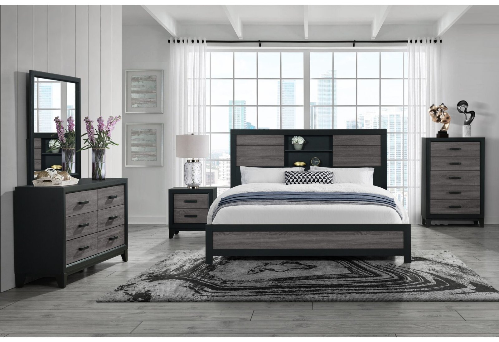 LISBON GREY/BLACK BOOKCASE FULL BED GROUP