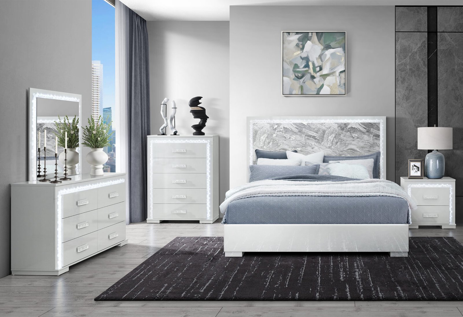 naomi silver marble queen bed with led