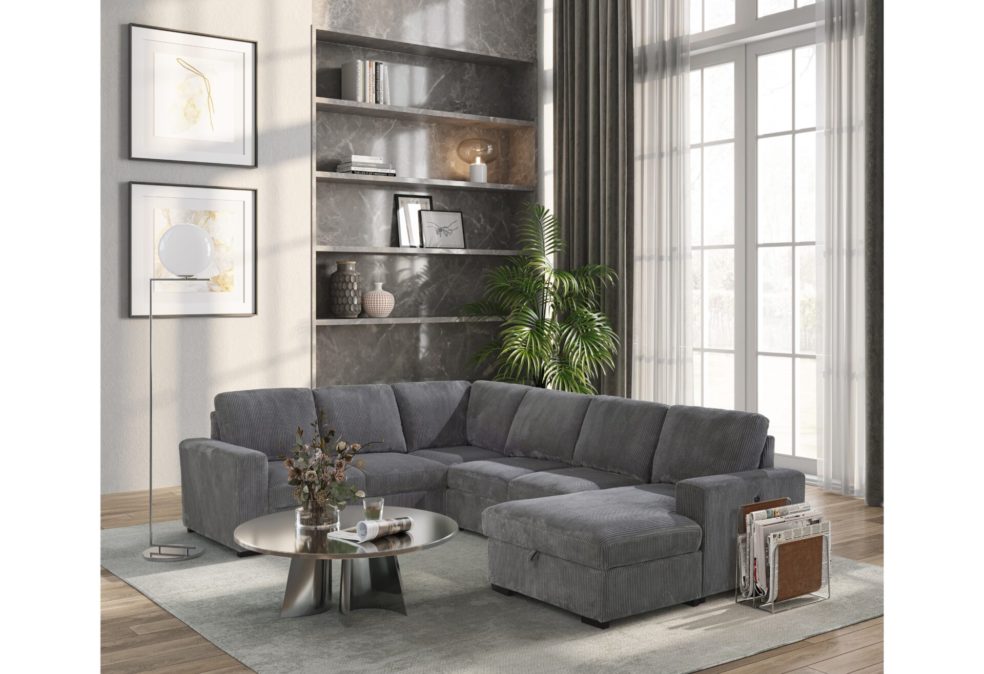 U2660 GREY SECTIONAL W/PULL OUT SOFA BED