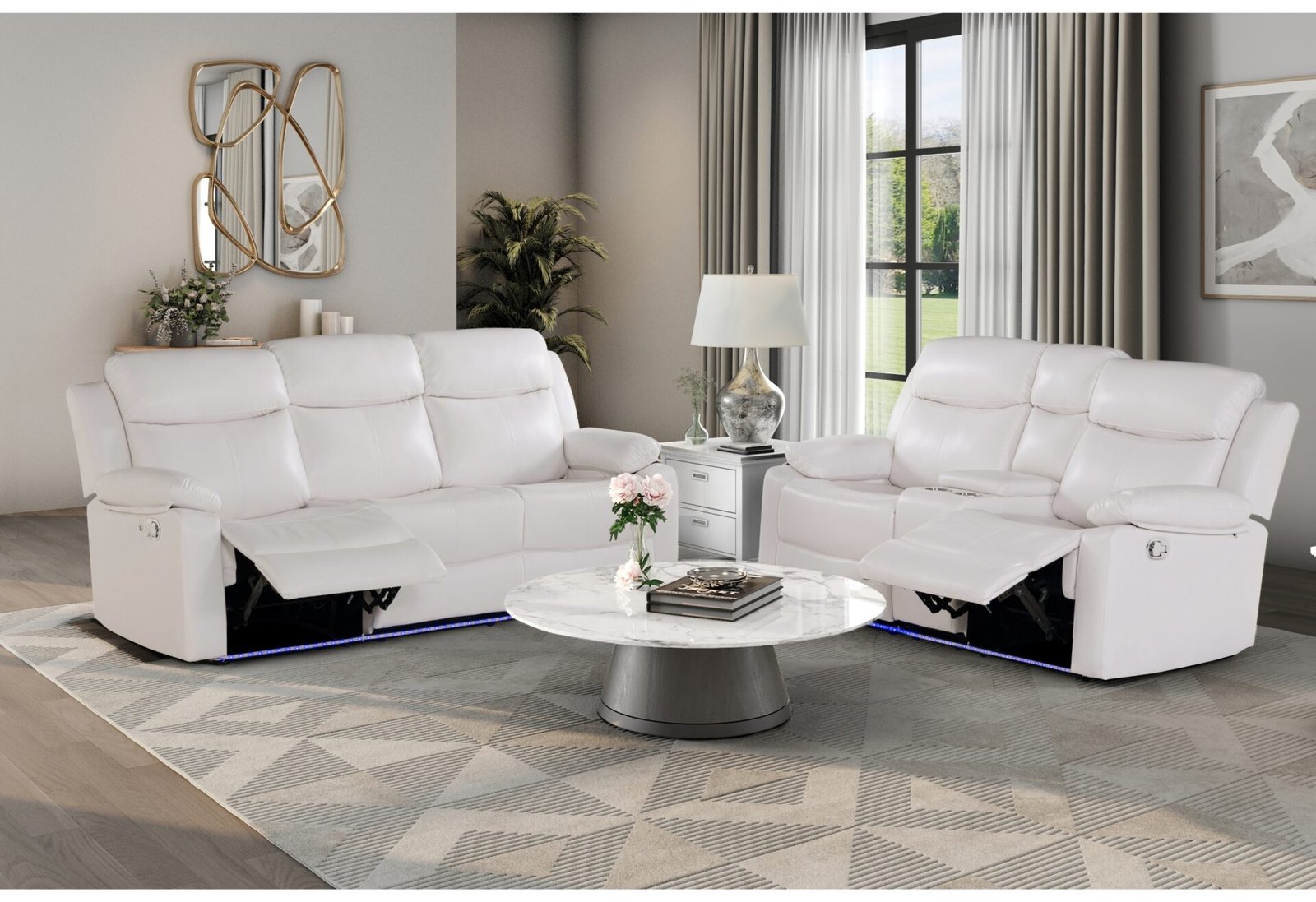 U6026 BLANCHE WHITE REC SOFA/CONSOLE REC LOVESEAT WITH LED & SPEAKER