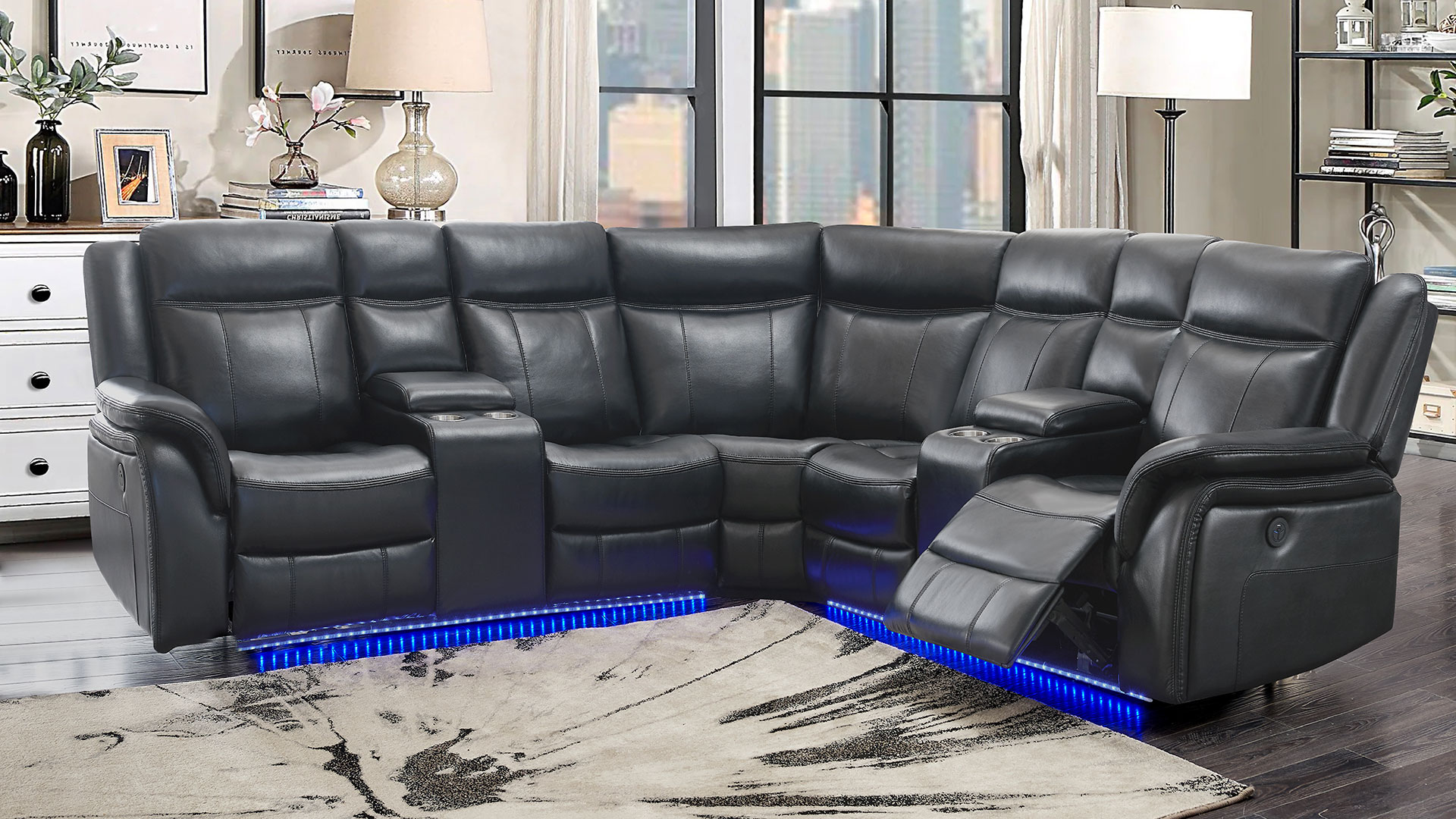UM02 BLANCHE CHARCOAL POWER LEFT CONSOLE RECLINING LOVESEAT WITH LED