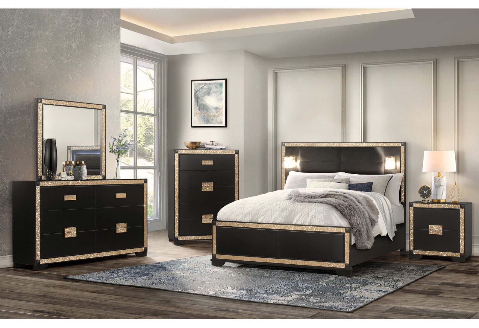 BLAKE BLACK/GOLD FULL BED GROUP WITH LAMPS