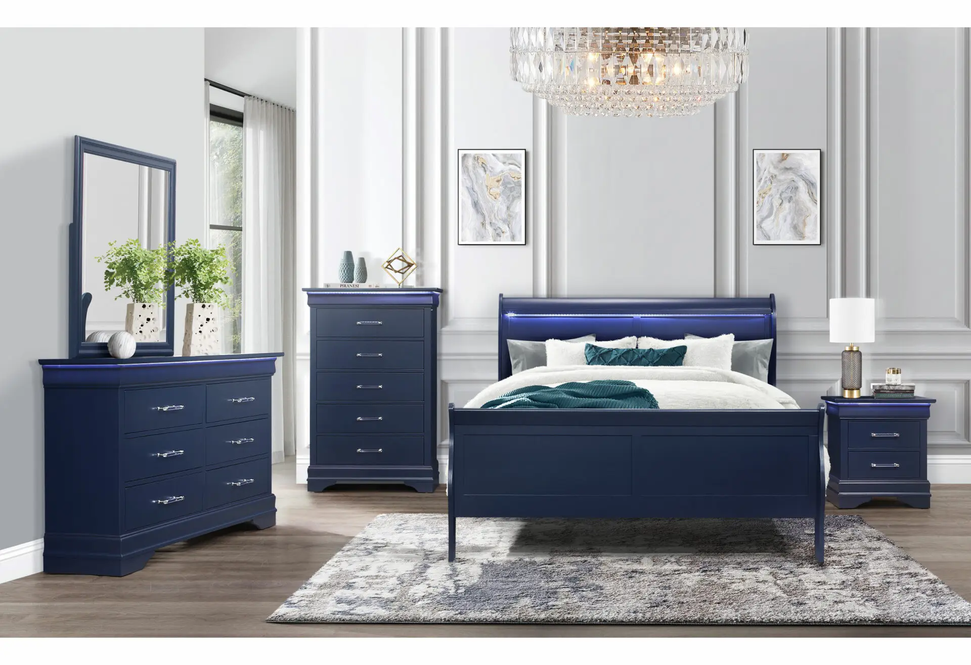 charlie blue queen bed with led