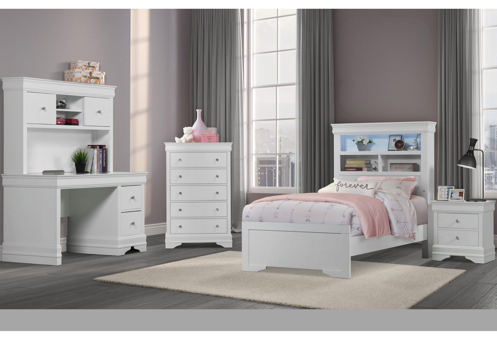 POMPEI METALLIC WHITE BOOKCASE TWIN BED W/ DESK & HUTCH, NS & CH