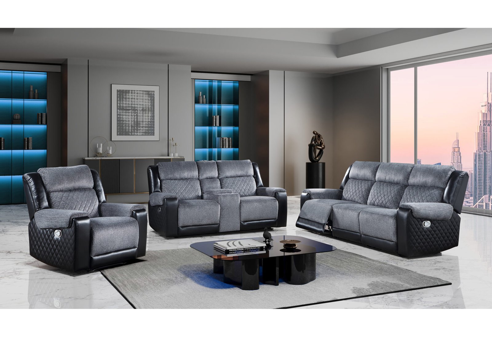 U5914/U5915 GREY/BLACK REC SOFA/CRLS W/IMMERSIVE SOUND & BLUE LED/REC