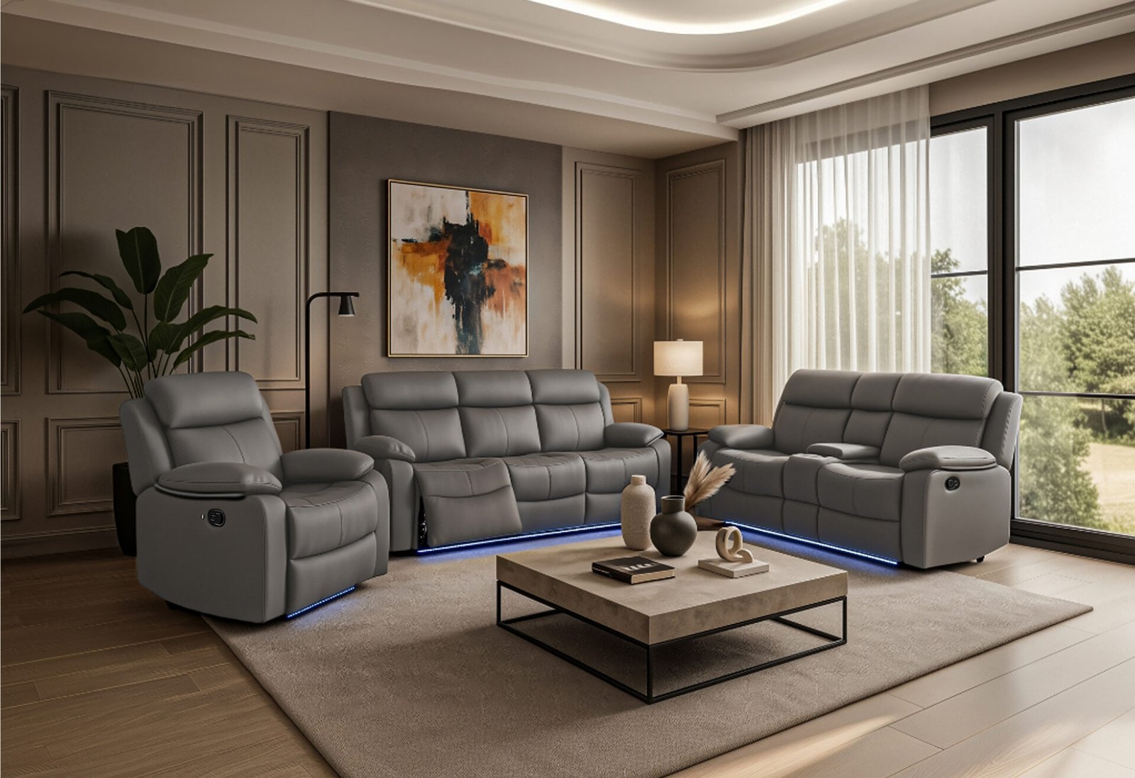 U6026 GREY PU 46A REC SOFA/CONSOLE REC LOVESEAT WITH SPEAKER